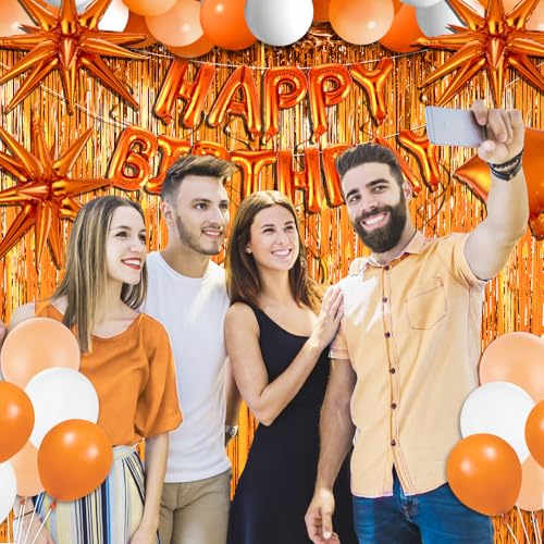 Orange White Birthday Decorations Set with Balloons, Fringe Curtains & Tablecloth - Variation: White Orange