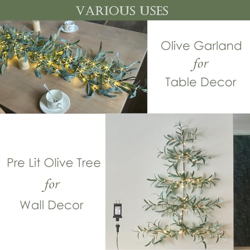Lighted Olive Wall Tree with Timer - 3.5FT Fairy Lights Garland for Indoor Outdoor Decor