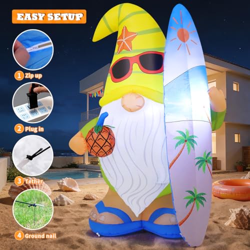 Inflatable Gnome Yard Decor with LED Lights, Surfboard & Pineapple - 5.2 FT Summer Outdoor Decoration