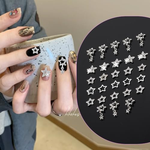 Silver 40Pcs Y2K Star Nail Charms Set with 3D Rhinestones - Multiple Styles