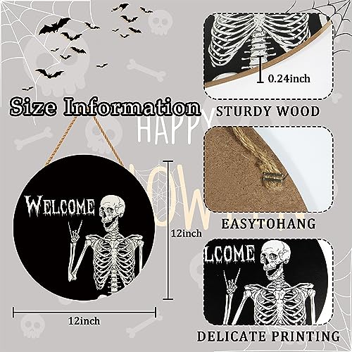 Halloween Skull Welcome Wreath Door Sign - Rustic Wooden Holiday Decor