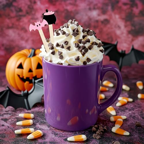 Halloween Pink Black Coffee Stirrer Set - Ghost Bat Pumpkin Cat Design, 120 Pcs