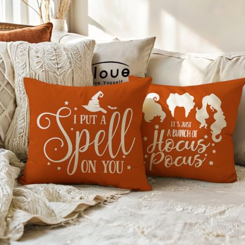 Halloween Throw Pillow Covers 18x18 Inches Set of 2 with Funny Witch Sayings - Orange Fall Decor