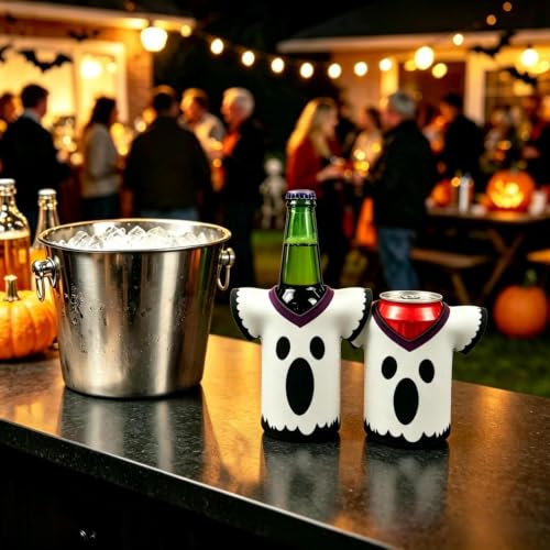 Boo Crew Ghost Drink Sleeves - Halloween Can & Bottle Holder 2 Pack