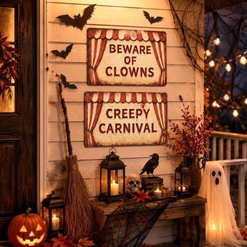 Halloween Clown Metal Signs Set - Creepy Carnival Warning Decor