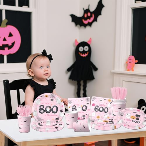 Pink Halloween Baby Shower Dinnerware Set - Plates Napkins Cups for Girl Party, 144pcs