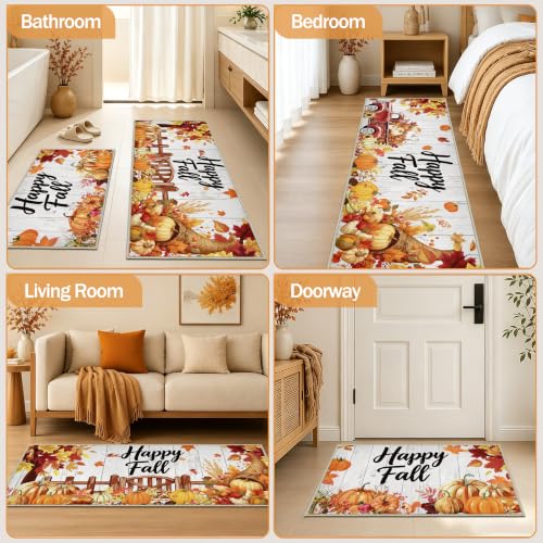 Fall Kitchen Rug Set of 3 with Pumpkins & Leaves - Non Slip Washable Mats