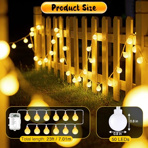 50 LED Globe String Lights with Timer & 8 Modes - Battery Operated Indoor Outdoor Decor