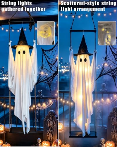 Large Halloween Hanging Ghost Decor - 5.2FT Outdoor Swing Ghost with Lights & Face Customization