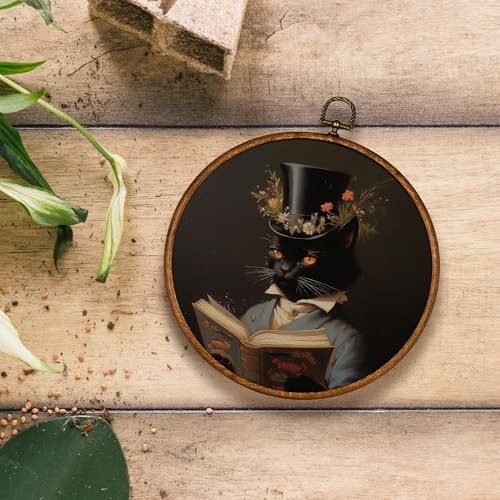 Cat Wall Art Decor - Rustic Round Canvas Frame, Farmhouse Home Accent, 10x10