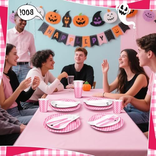 Pink Halloween Ghost Paper Plates and Cups Party Set - 144 pcs with Napkins & Cutlery