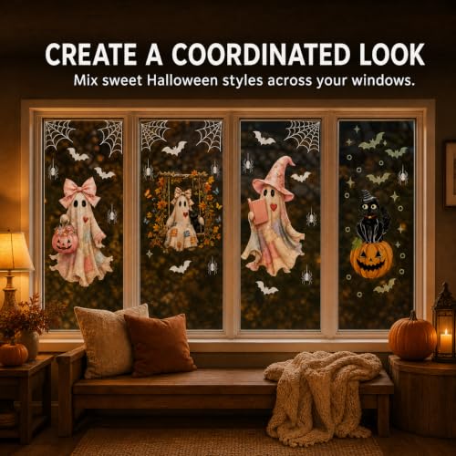 Halloween Window Clings - Cute Ghosts & Pumpkins Static Decal Set - Autumn Ghost Trio Variation