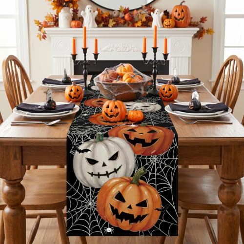Halloween Jack-O'-Lantern Pumpkin Table Runner - 13x60 Inch Fall Kitchen Decor - Spider Web Bat Design - Artscope