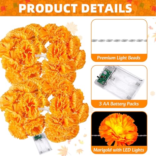 Artificial Marigold Garland Set with Lights for Day of the Dead & Festivals, 20Ft with Butterfly & Papel Picado