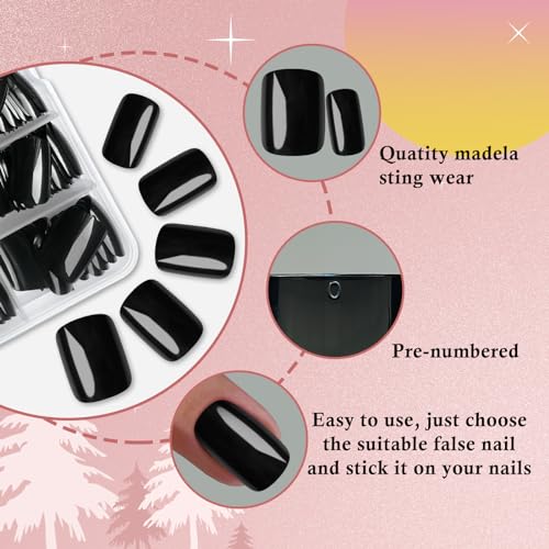 Black Short Square Press-On Nails Kit - 240 Pc Fake Nails with Glue & Tools