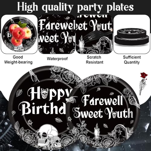 Gothic Birthday Party Plates and Napkins Set - Black & White Skull Design