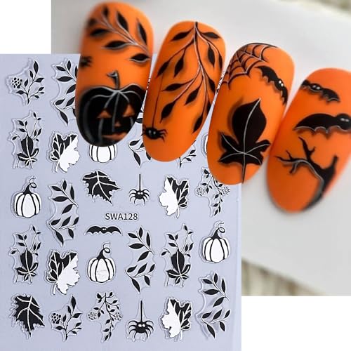 Halloween Fall Nail Stickers 3D Self-Adhesive Pumpkin Ghost Leaves Decor