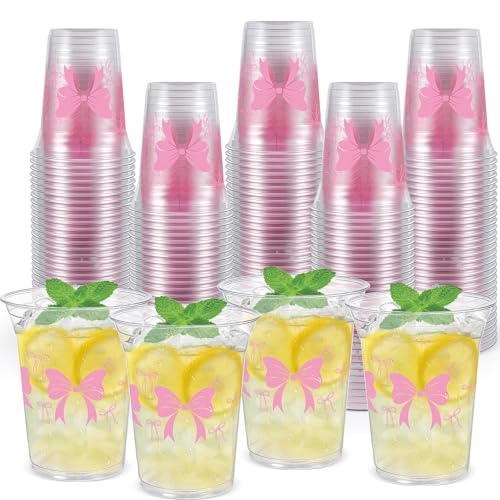 Pink Bow 12 oz Plastic Party Cups - Disposable Bow Theme Drinkware, Pack of 50