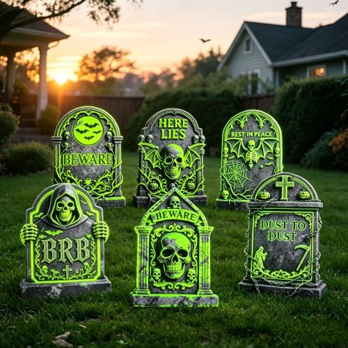 6 Pack Halloween Glow-in-The-Dark Tombstone Decorations - Weatherproof Outdoor Gravestones
