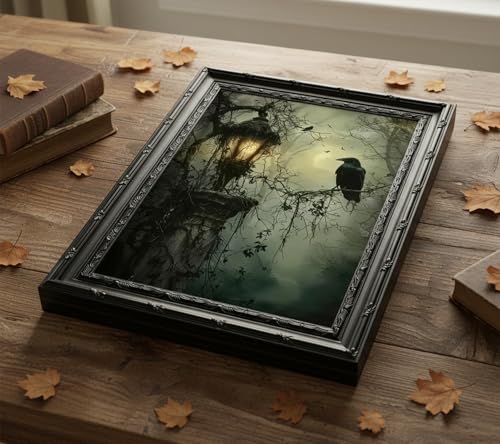 Black Raven Wall Art with Frame - Gothic Dark Academia Canvas Poster - 16x12in
