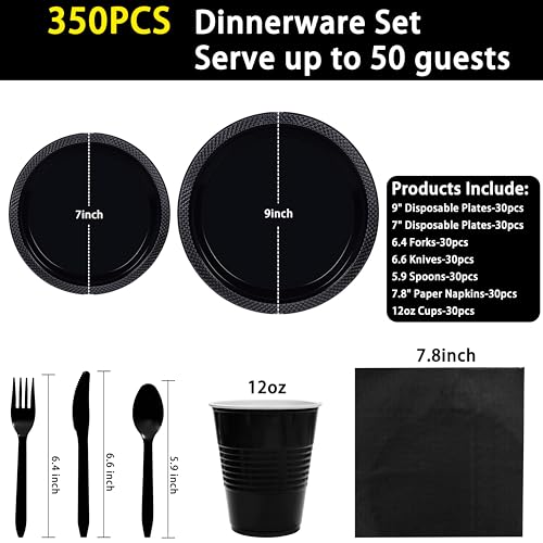 Black Disposable Plates for Party - 350PCS, Food-Grade Plastic, Variation: Black