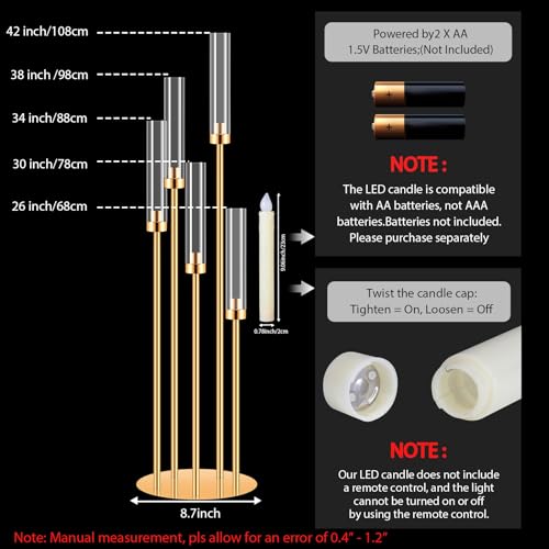 Gold Floor Candle Holders Set with 20 LED Candles, 2 Tall Candelabras for Wedding & Home Decor - With LED Candle / 2