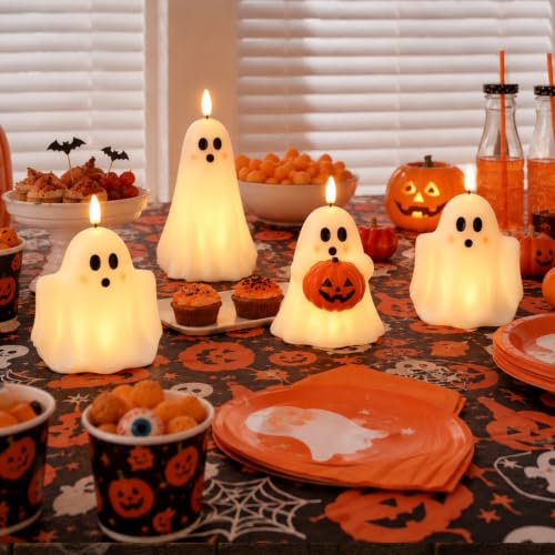 Halloween Ghost and Pumpkin Flameless Candles Set - Spooky LED Decor, 6 Pieces