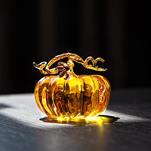 Hand Blown Crystal Pumpkin Figurine for Fall Harvest Decor - Brown Striped, 7.1cm