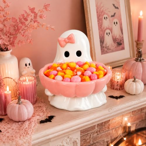 Pink Ghost Halloween Candy Bowl with Bow Ceramic Dish - Reallnaive