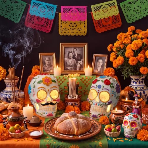 Day of The Dead Sugar Skull Decorations Set - Light Up Resin Skeleton Figures with Floral Details - Variation of THIS Listing