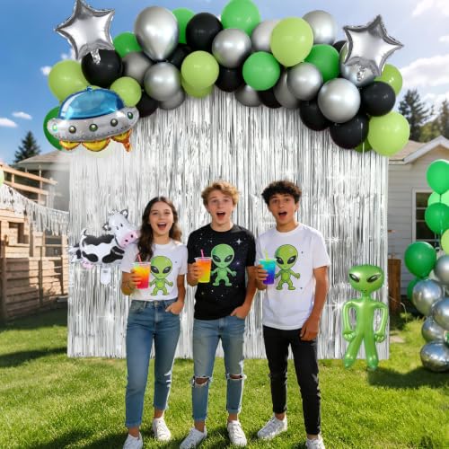 Alien Party Decor Foil Fringe Curtains and Balloon Arch Kit for Space Themed Events
