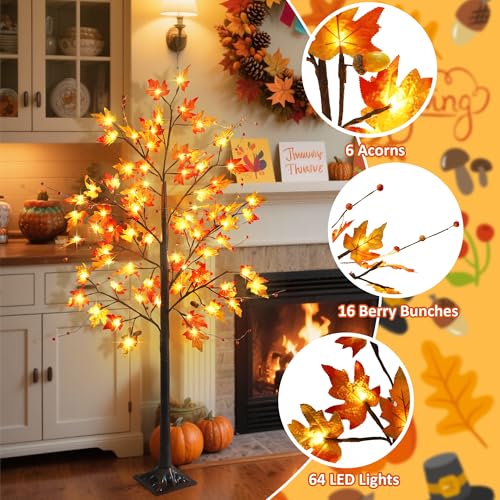 5FT Lighted Maple Tree for Fall & Holiday Decor - Warm White LEDs, Adjustable Branches, Sturdy Base