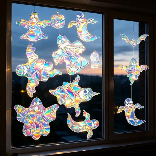 Halloween Window Decals Set - Rainbow Ghost Bat Pumpkin Stickers for Holiday Decorations