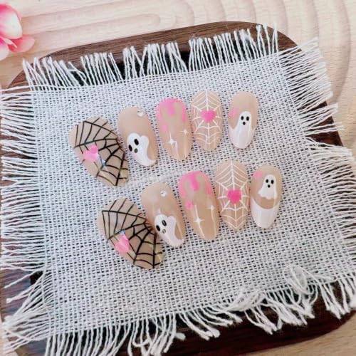 Halloween Short Almond Press On Nails Set - Colorful Ghost Spider Web Heart Rhinestone 8