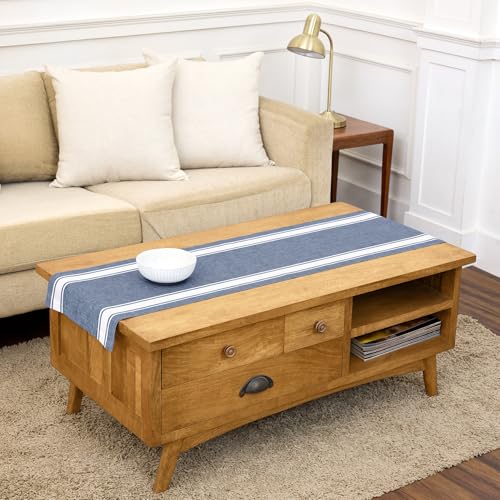 Pure Linen Table Runner Blue Country Stripe 14x60 Inches - Handcrafted