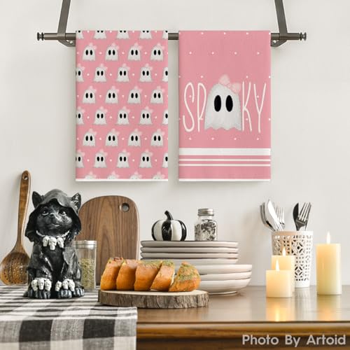Pink Ghost Halloween Kitchen Towels Set of 2 - 18x26 Inch Artoid Mode