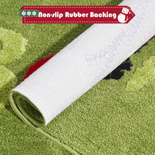 Green Christmas Believe Runner Rug with Snowflakes and Reindeer - Non-Slip Winter Decor, 47x20 inches