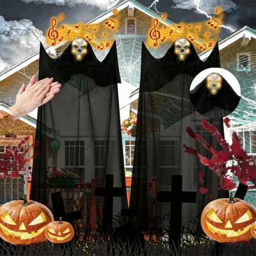 2 Pack 11 FT Ghost Decorations - Scary Hanging Halloween Ghosts with Sound & Voice Effects for Indoor & Outdoor