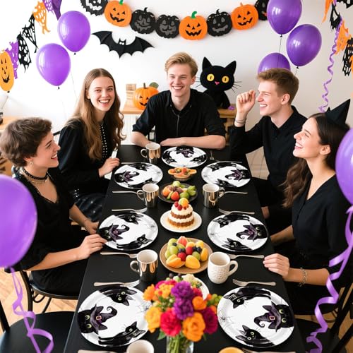 Halloween Black Cat Party Plates 9-Inch Set with Witchy Hats & Spider Webs - Variation: Three Black Cats