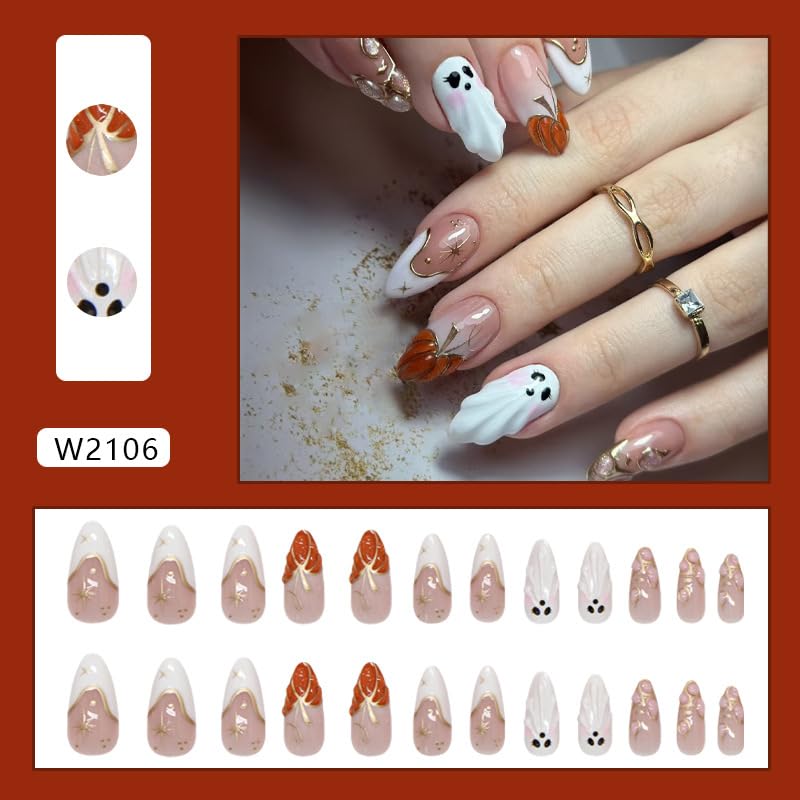 Halloween Press On Nails Set - Medium Almond Fake Nails with 3D Ghost & Pumpkin Designs - Style22
