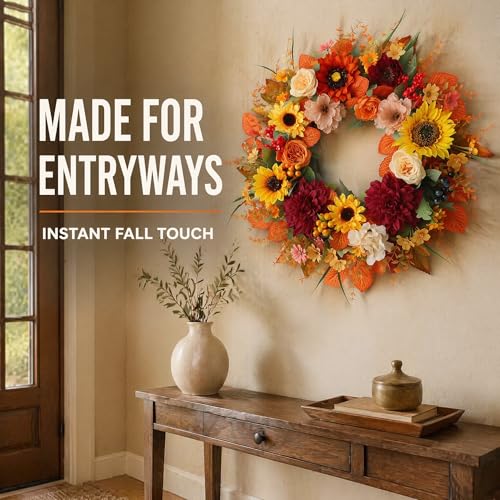 24 Inch Fall Wreath for Front Door Autumn Sunflowers & Seasonal Decor