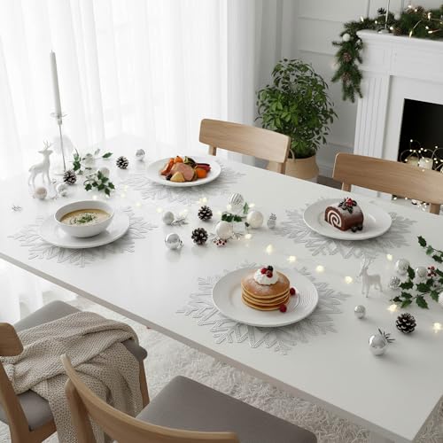 Snowflake Silver Vinyl Placemats Set of 4, 15 Inch Holiday Table Decor