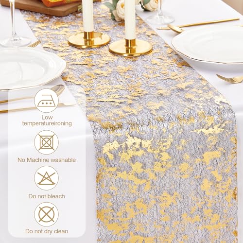 Black Gold Mesh Table Runner 33 Ft Metallic Foil Sequin Decor - Variation of Mesh-Black Gold