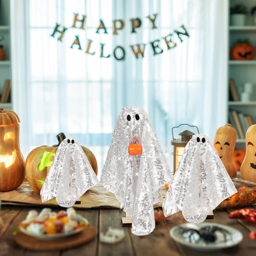 Halloween Ghost Table Decor Set - Silver Disco Wooden Ghosts with Pumpkin - 3 Pieces