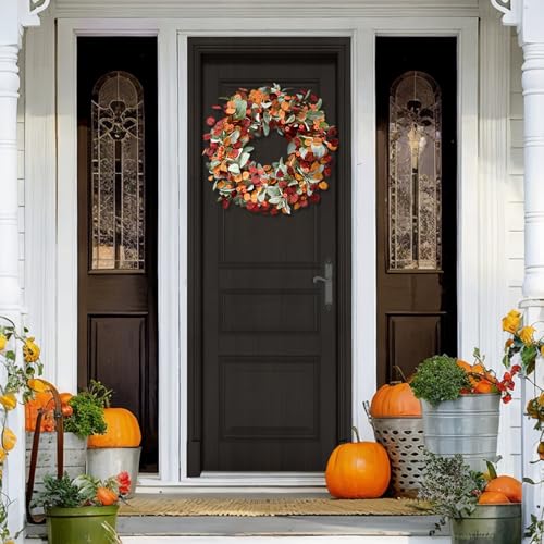 Fall Wreaths for Front Door - 26 Inch Autumn Door Decor with Lambs Ears, Leaves, Pumpkin - Set of 1 (Orange, Red, Green)
