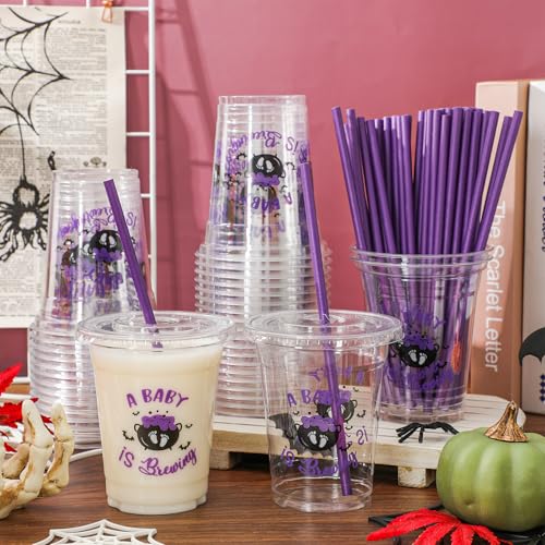 Halloween Baby Shower Plastic Cups with Lids & Straws - A Baby Is Brewing Variation