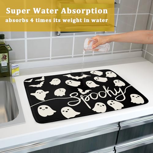 Halloween Dish Drying Mat for Kitchen Counter 18x24 Black Spooky Ghost Reversible Microfiber Absorbent Protector - Variation of THIS listing