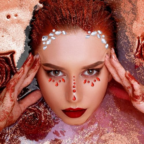 Self-Adhesive Face Gems Set for Halloween & Festivals - 5 Sheets Red & White Rhinestones for Body & Face Makeup