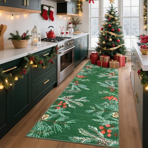Pinecone-Green Christmas Botanical Rug Runner - Non-Slip Holiday Floor Mat 2' x 6'