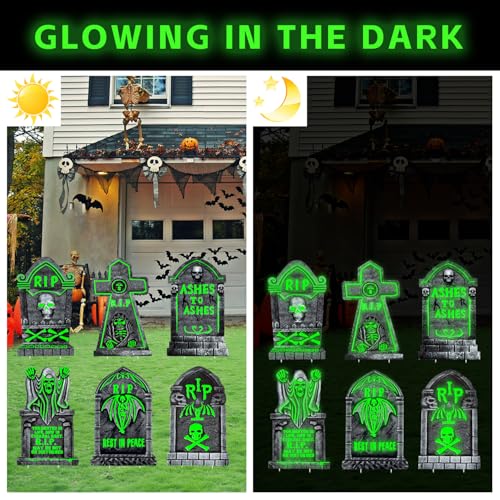 16.5x10 Inch Glow in The Dark Tombstones Decorations - Waterproof Grave Markers with Stakes - 6 Pack Halloween Cemetery Props